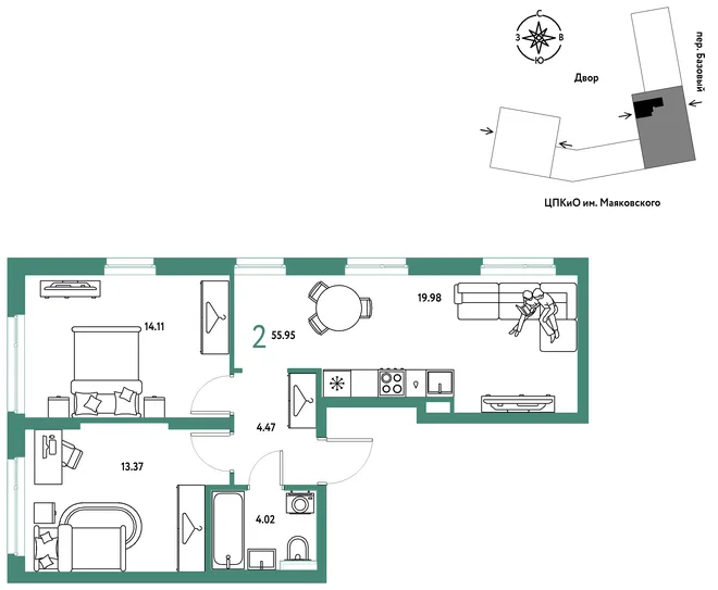 Планировка 2-комн. квартира, 55.95 м² ЖК «Сибирский сад»