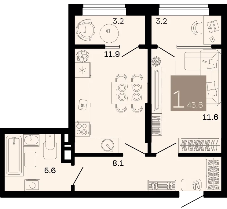 Планировка 1-комн. квартира, 43.6 м² ЖК «Хозяин морей»