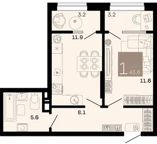 Планировка 1-комн. квартира, 43.6 м² ЖК «Хозяин морей»