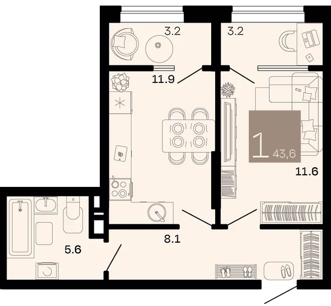 Планировка 1-комн. квартира, 43.6 м² ЖК «Хозяин морей» Планировка 1-комн. квартира, 43.6 м² ЖК «Хозяин морей»
