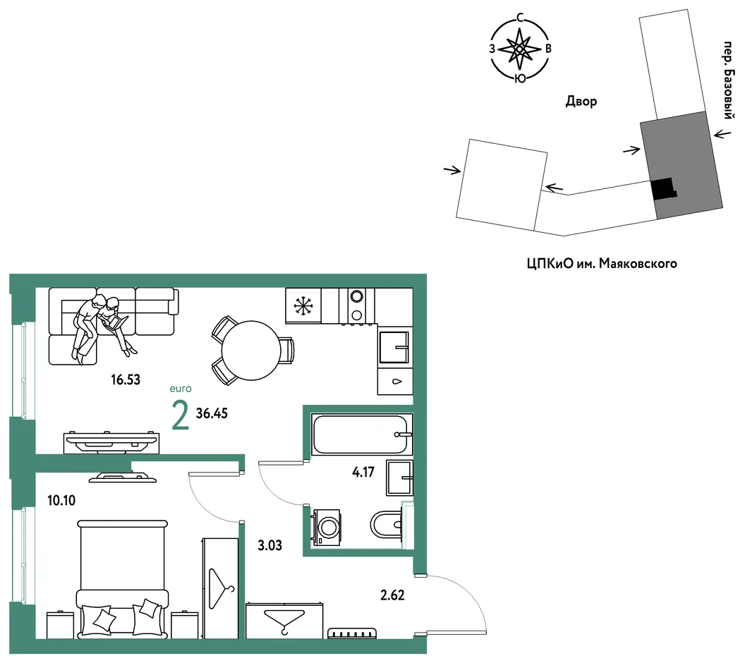 Планировка 2-комн. квартира, 36.45 м² ЖК «Сибирский сад»