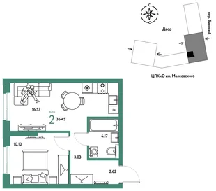 Планировка 2-комн. квартира, 36.45 м² ЖК «Сибирский сад»