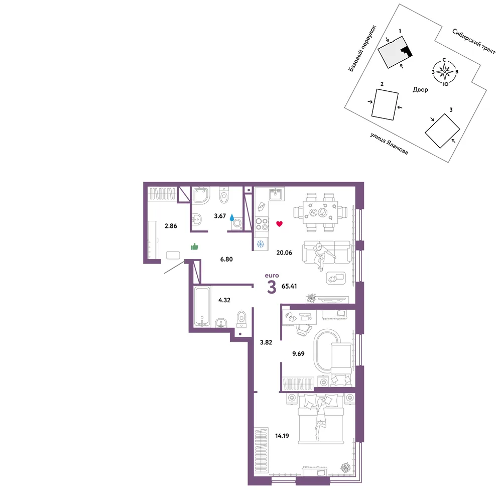 Планировка 3-комн. квартира, 65.41 м² ЖК «Сибирский сад»