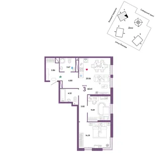 Планировка 3-комн. квартира, 65.41 м² ЖК «Сибирский сад»
