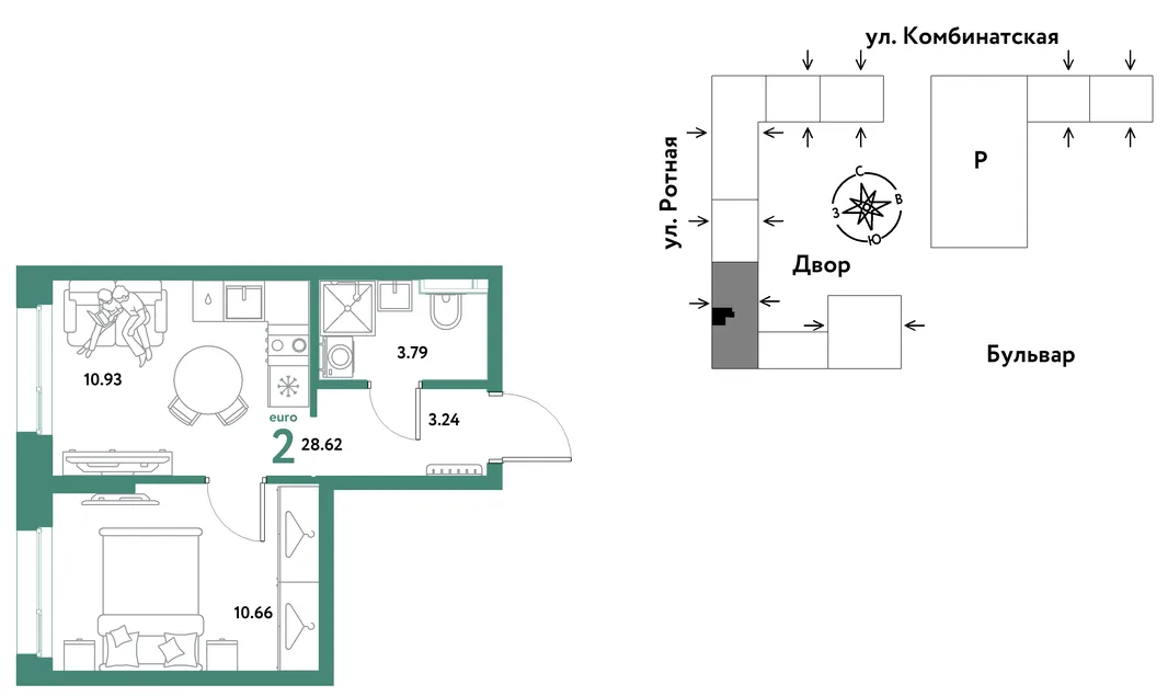 Планировка 2-комн. квартира, 28.44 м² ЖК «Уральский сад»