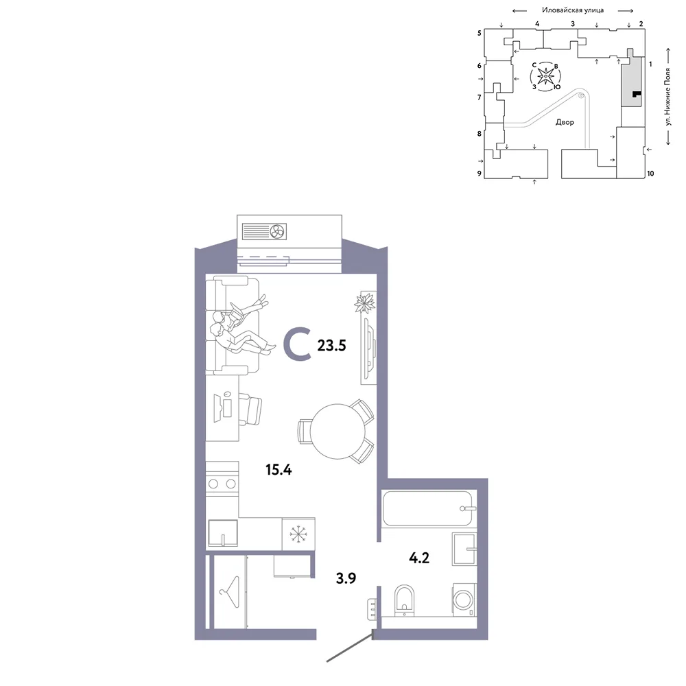 Планировка Студия, 23.5 м² ЖК «Страна.Заречная»