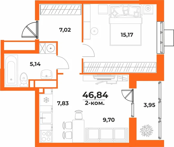 Планировка 2-комн. квартира, 46.84 м² ЖК «Живописный сад» Планировка 2-комн. квартира, 46.84 м² ЖК «Живописный сад»
