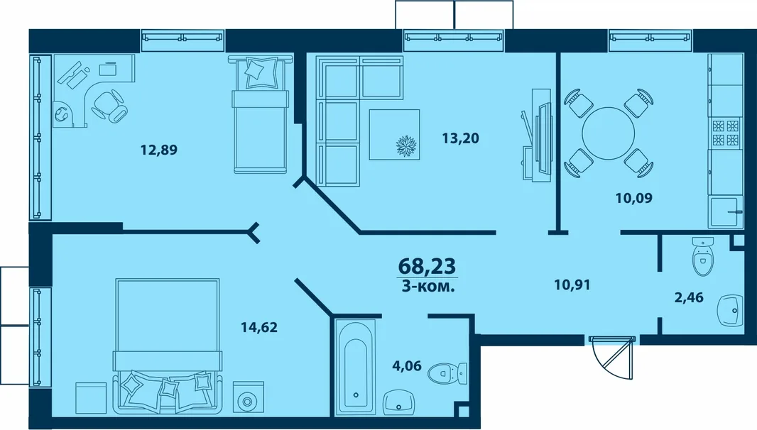 Планировка 3-комн. квартира, 68.23 м² ЖК «Город природы»