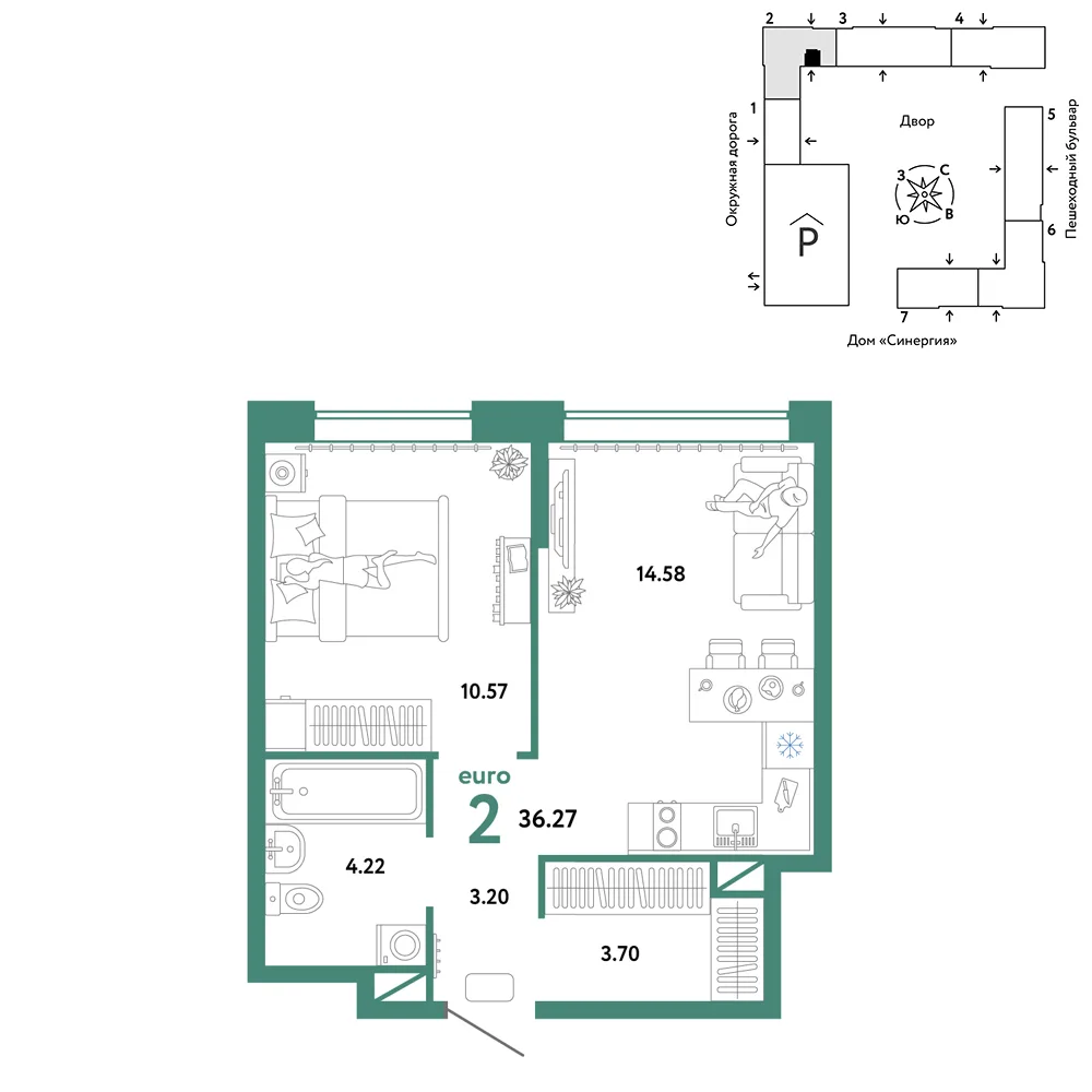 Планировка 2-комн. квартира, 36.27 м² ЖК «Юнион»