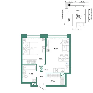 Планировка 2-комн. квартира, 36.27 м² ЖК «Юнион»