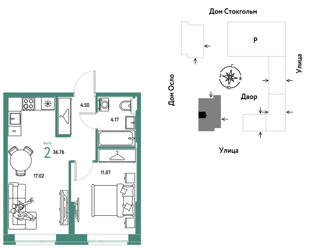 Планировка 2-комн. квартира, 36.76 м² ЖК «Европейский берег 2.0»