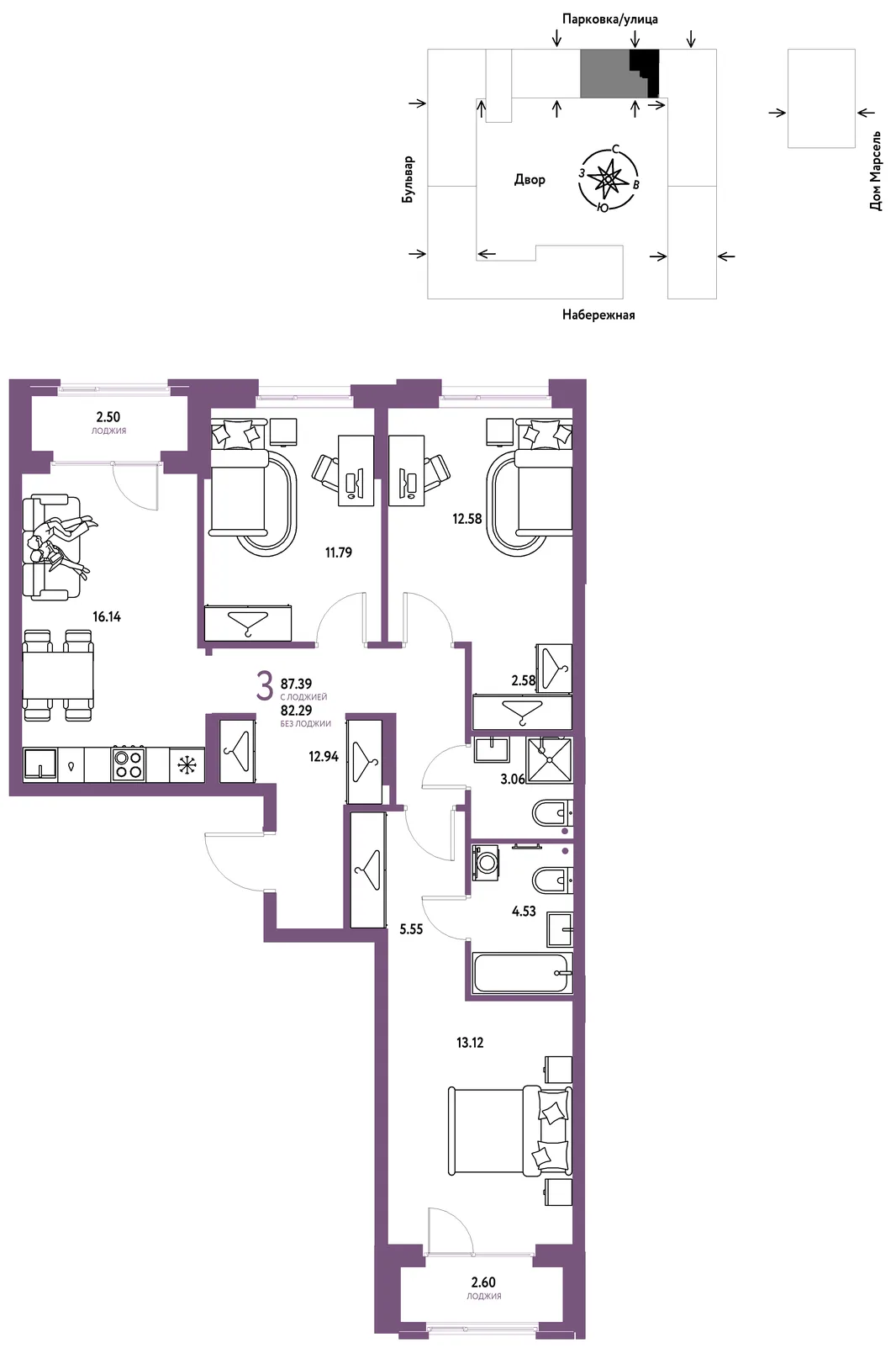 Планировка 3-комн. квартира, 87.39 м² ЖК «Европейский берег 2.0»