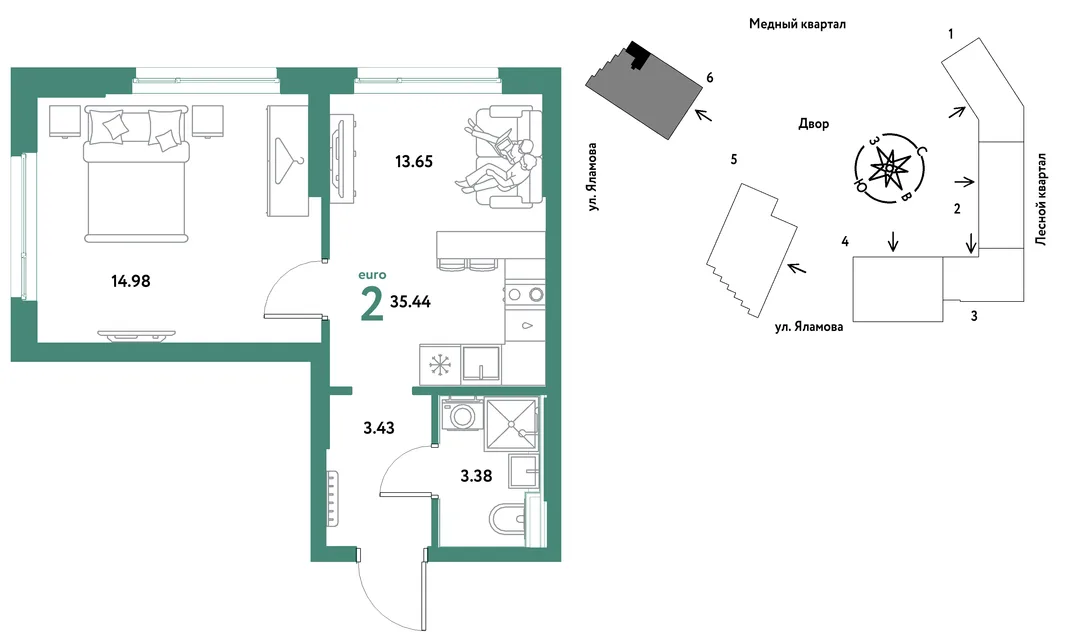 Планировка 2-комн. квартира, 38.53 м² ЖК «Сибирский сад»