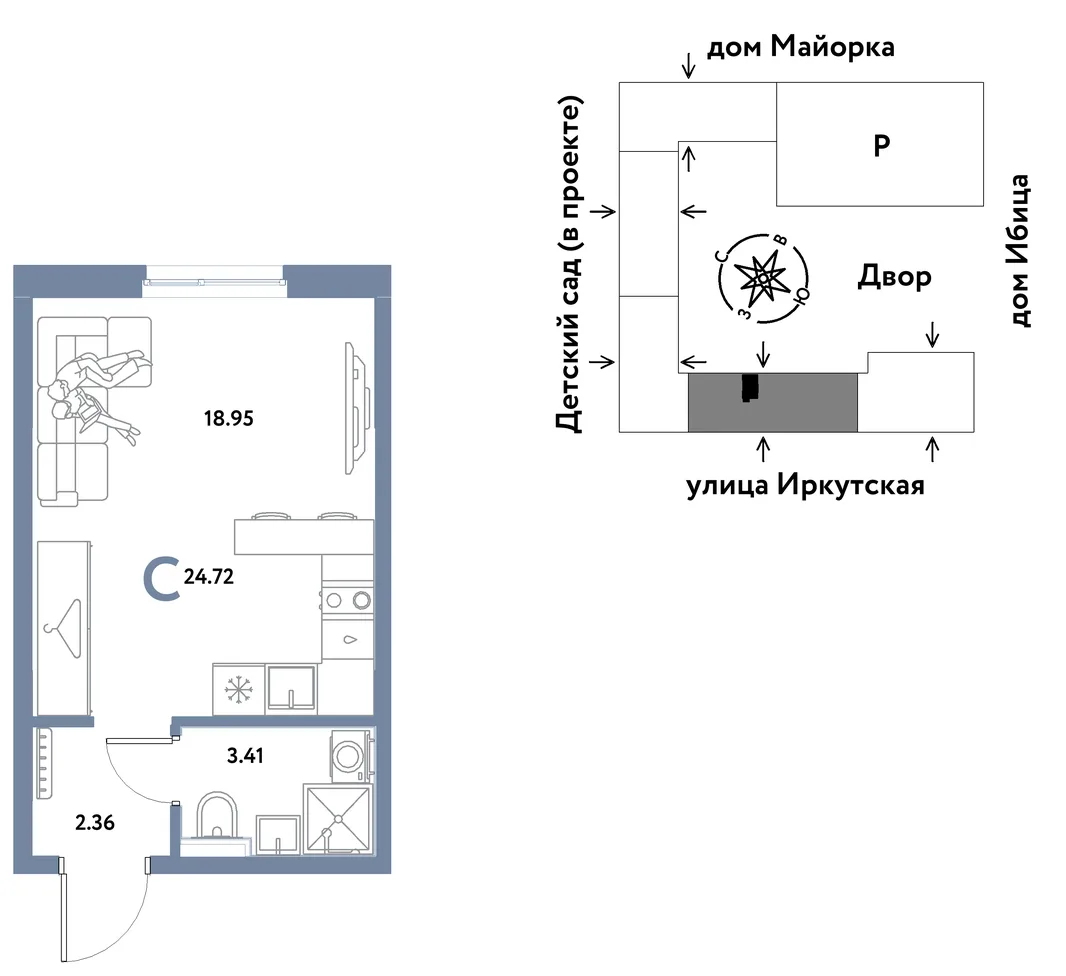 Планировка Студия, 24.72 м² ЖК «Остров-сад»