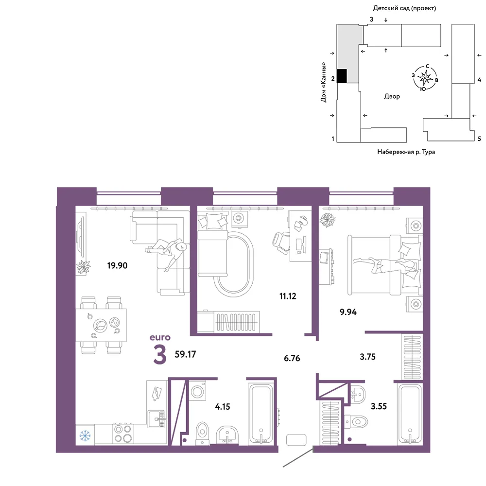 Планировка 3-комн. квартира, 59.17 м² ЖК «Европейский берег 2.0»