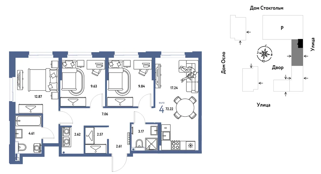 Планировка 4-комн. квартира, 72.22 м² ЖК «Европейский берег 2.0»