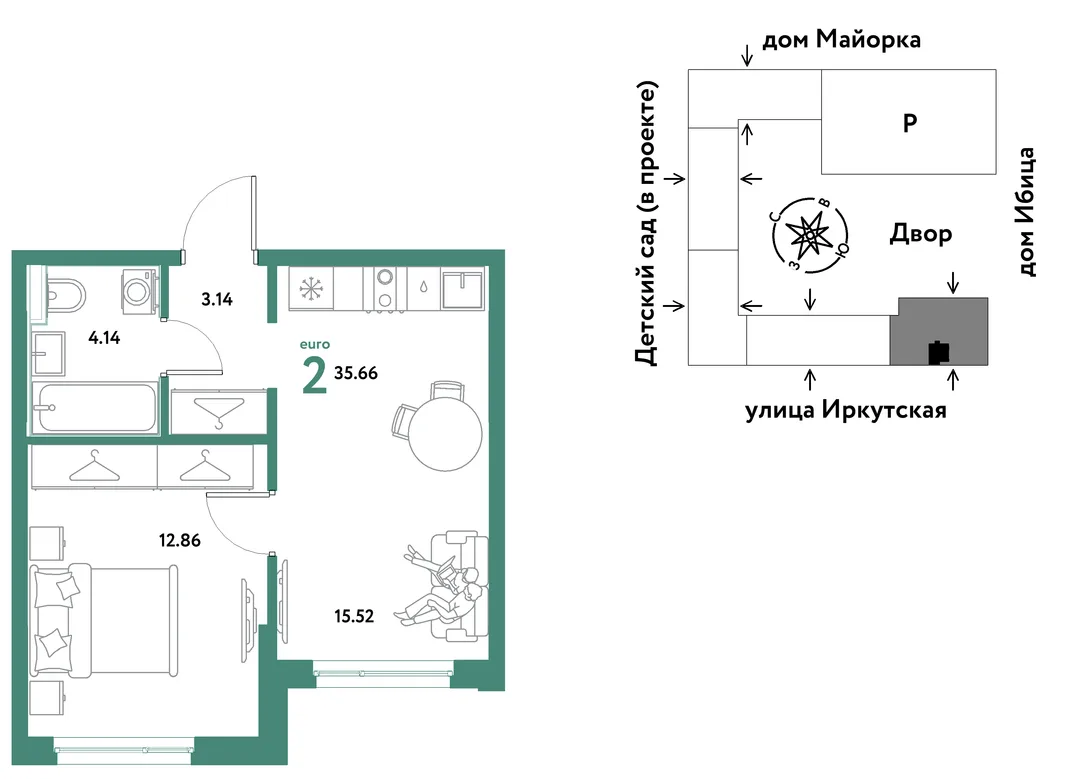 Планировка 2-комн. квартира, 35.66 м² ЖК «Остров-сад»