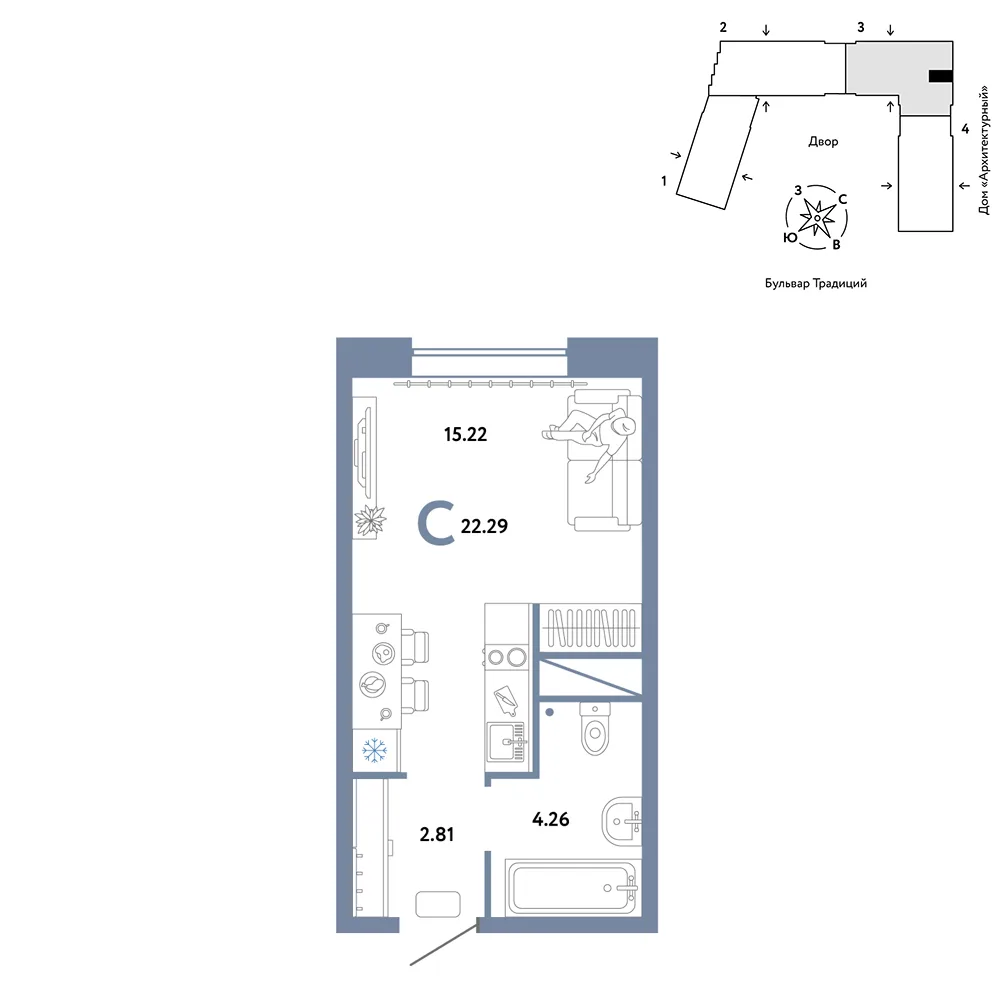 Планировка Студия, 22.29 м² ЖК «Микрорайон Домашний»