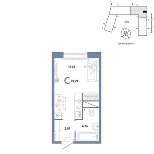 Планировка Студия, 22.29 м² ЖК «Микрорайон Домашний»