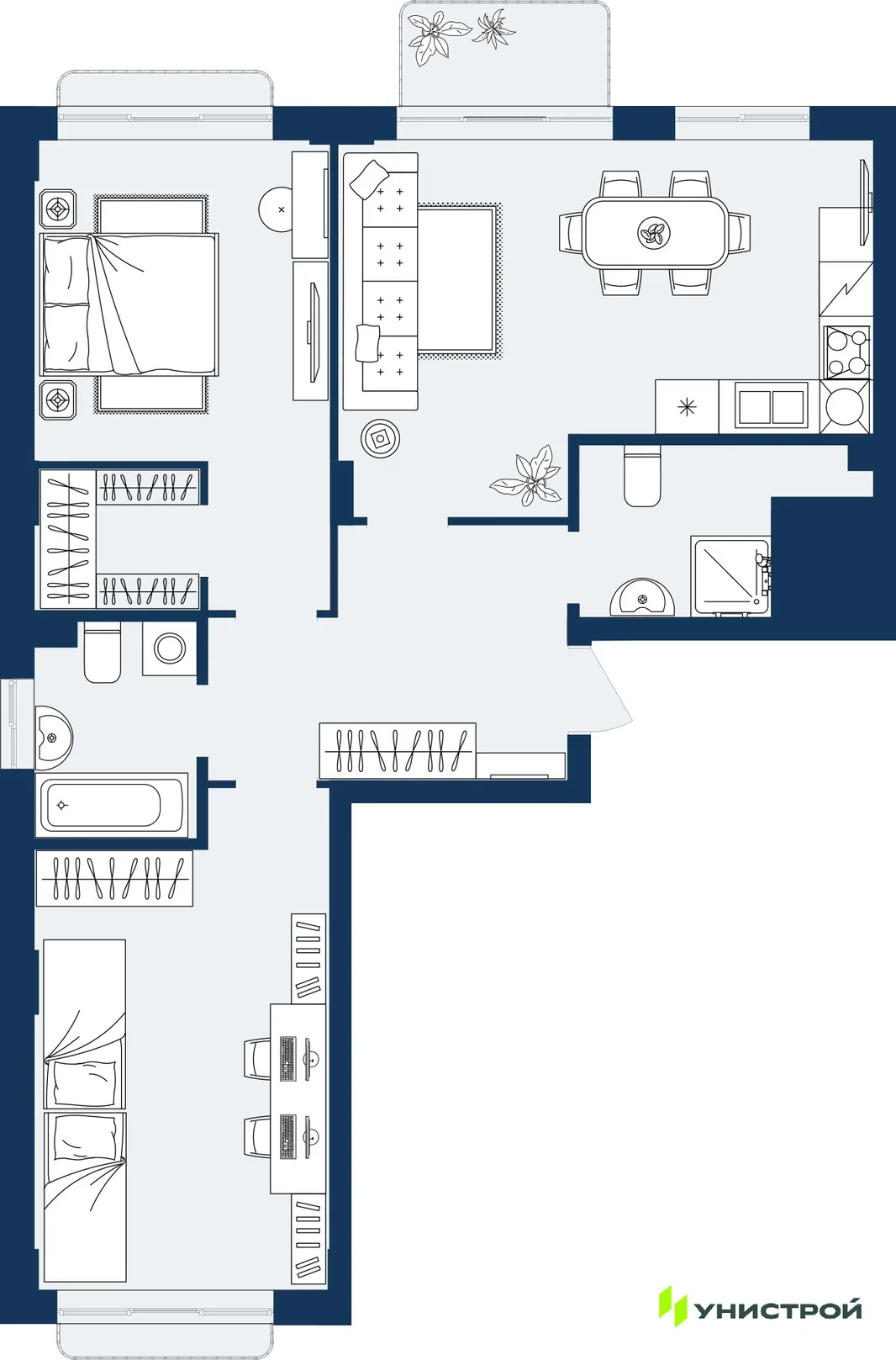 Планировка 2-комн. квартира, 74.55 м² ЖК «ГРАНД БЕРЕГ»
