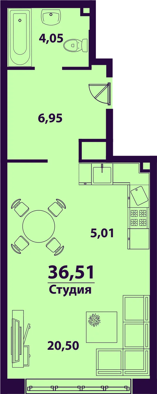 Планировка 1-комн. квартира, 36.51 м² ЖК «Сиреневый»
