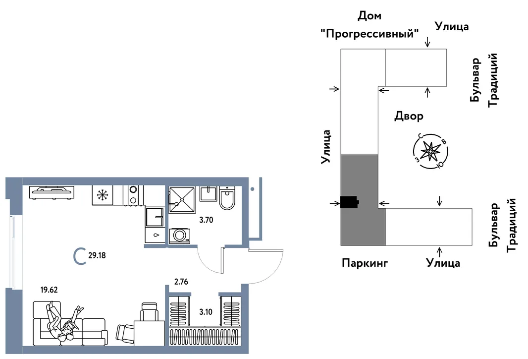 Планировка Студия, 29.18 м² ЖК «Микрорайон Домашний»