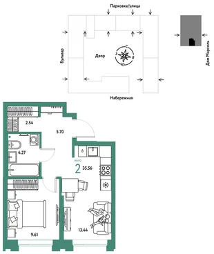 Планировка 2-комн. квартира, 35.56 м² ЖК «Европейский берег 2.0»