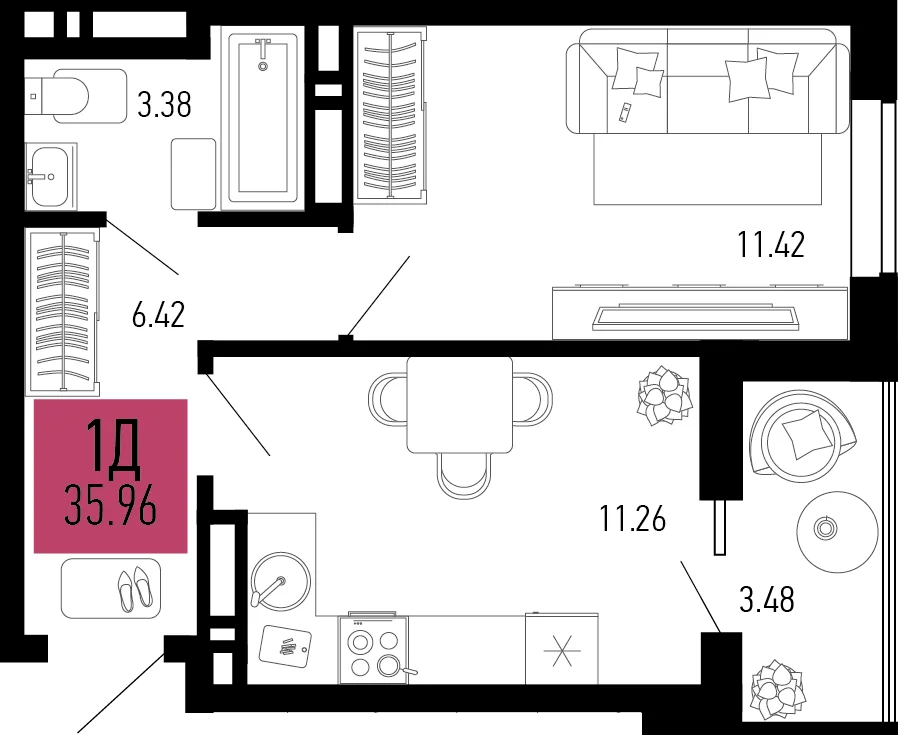 Планировка 1-комн. квартира, 35.96 м² ЖК «Столицыно»