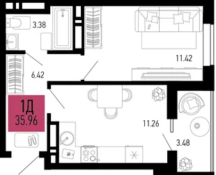 Планировка 1-комн. квартира, 35.96 м² ЖК «Столицыно»