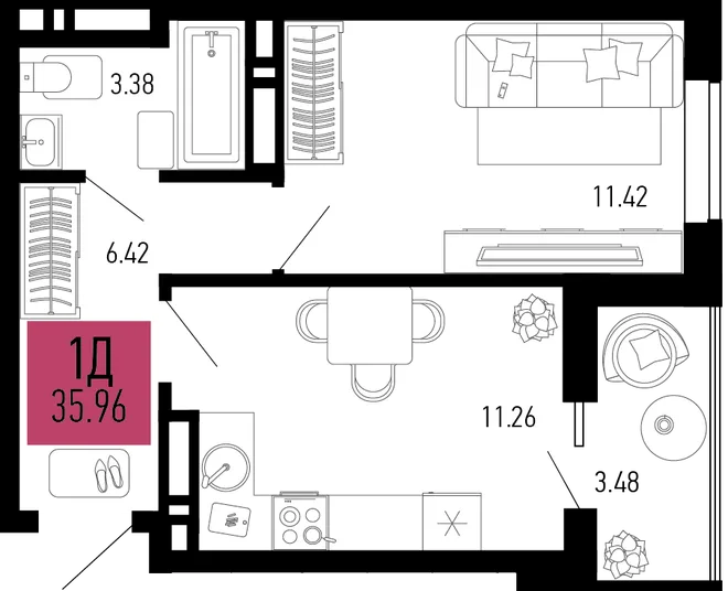 Планировка 1-комн. квартира, 35.96 м² ЖК «Столицыно» Планировка 1-комн. квартира, 35.96 м² ЖК «Столицыно»