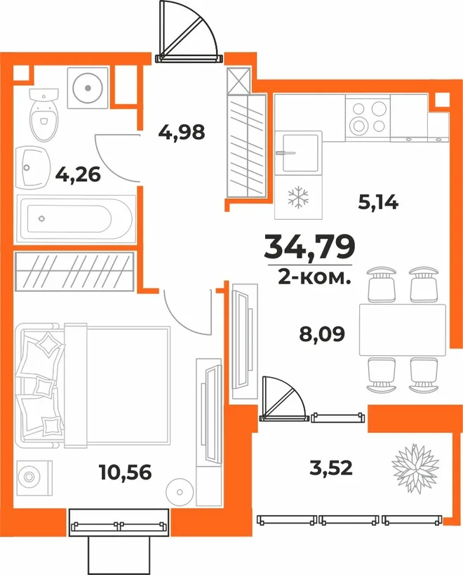 Планировка 2-комн. квартира, 34.79 м² ЖК «Живописный сад» Планировка 2-комн. квартира, 34.79 м² ЖК «Живописный сад»