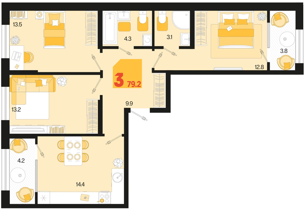 Планировка 3-комн. квартира, 79.2 м² ЖК «Первое место»