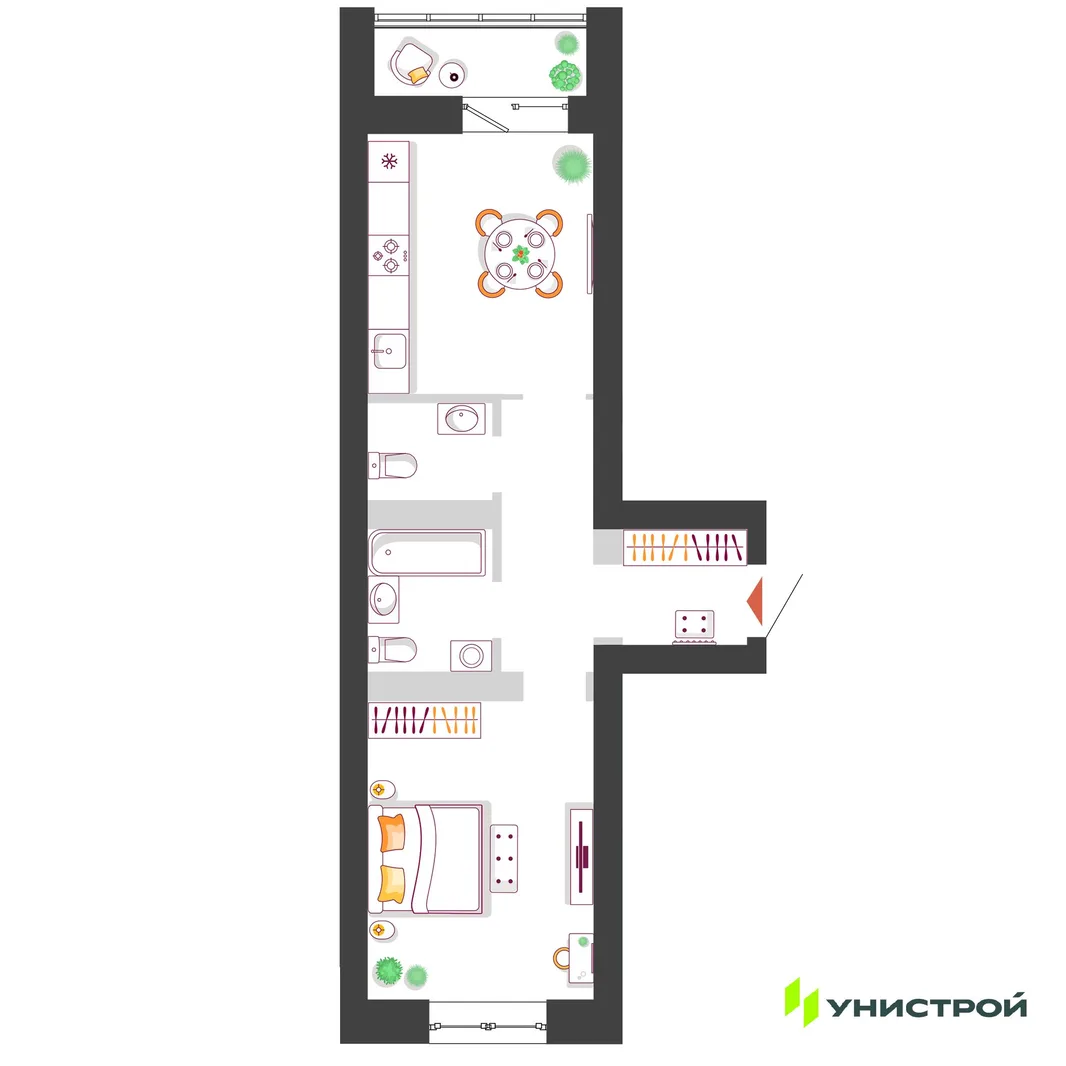 Планировка 1-комн. квартира, 42.44 м² ЖК «Южный бульвар 2»