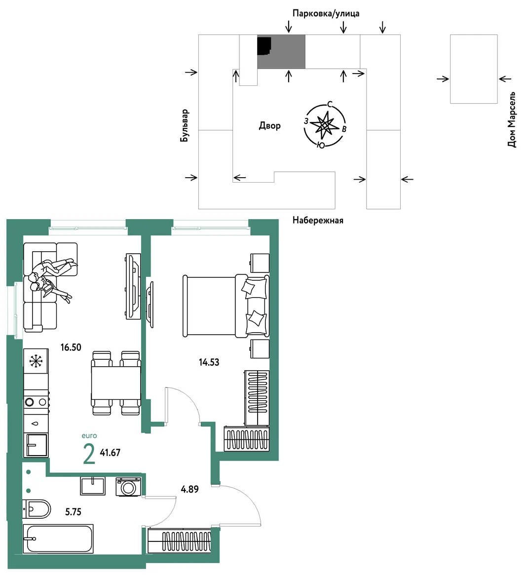 Планировка 2-комн. квартира, 41.67 м² ЖК «Европейский берег 2.0»
