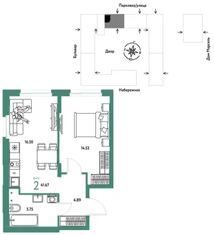 Планировка 2-комн. квартира, 41.67 м² ЖК «Европейский берег 2.0»