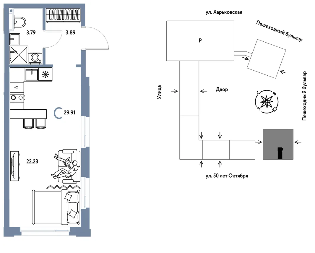 Планировка Студия, 29.91 м² ЖК «Сердце Сибири»