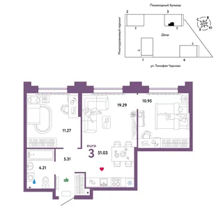 Планировка 3-комн. квартира, 51.03 м² ЖК «Микрорайон Звездный»