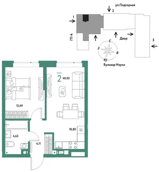 Планировка 2-комн. квартира, 40.03 м² ЖК «Авторский»