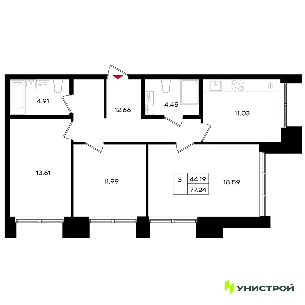 Планировка 3-комн. квартира, 77.24 м² ЖК «Уникум на Энгельса»