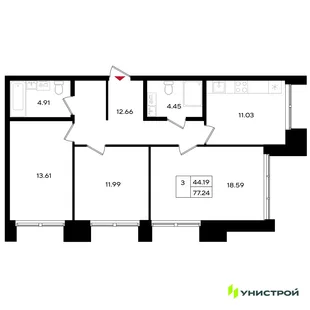 Планировка 3-комн. квартира, 77.24 м² ЖК «Уникум на Энгельса»