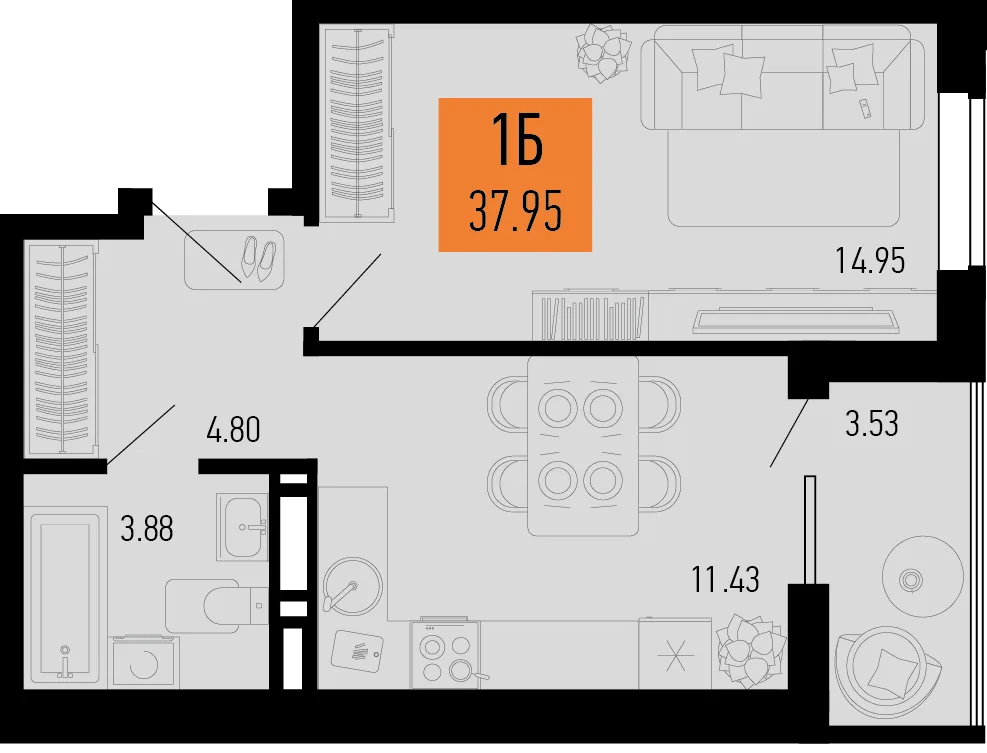 Планировка 1-комн. квартира, 37.95 м² ЖК «Столицыно»
