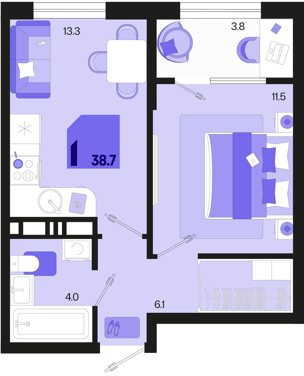 Планировка 1-комн. квартира, 38.7 м² ЖК «Первое место»