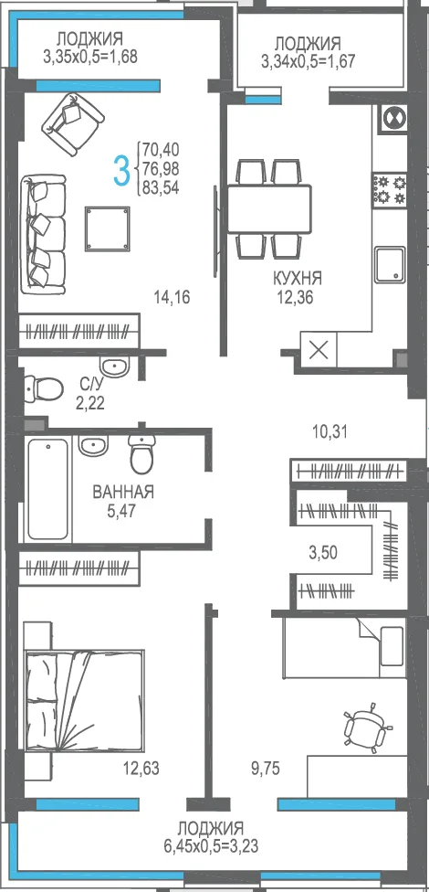 Планировка 3-комн. квартира, 76.98 м² ЖК «На Фонтанке» Планировка 3-комн. квартира, 76.98 м² ЖК «На Фонтанке»