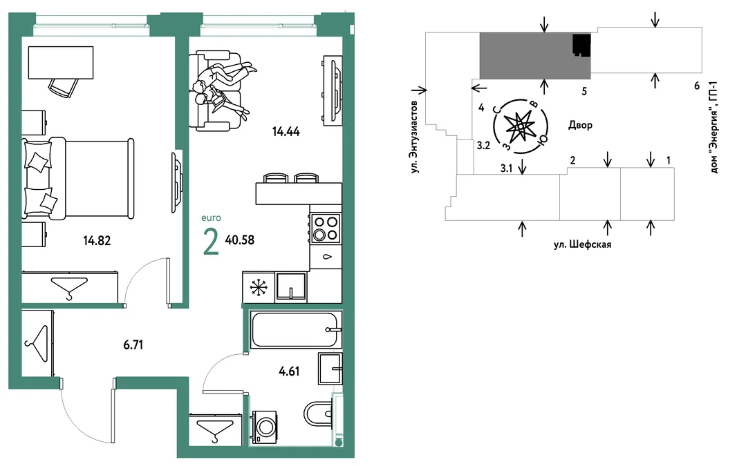 Планировка 2-комн. квартира, 40.58 м² ЖК «Страна.Энтузиастов»