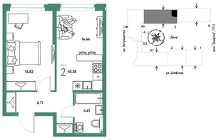 Планировка 2-комн. квартира, 40.58 м² ЖК «Страна.Энтузиастов»