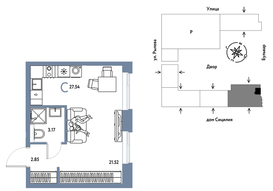Планировка Студия, 27.54 м² ЖК «Остров-сад»