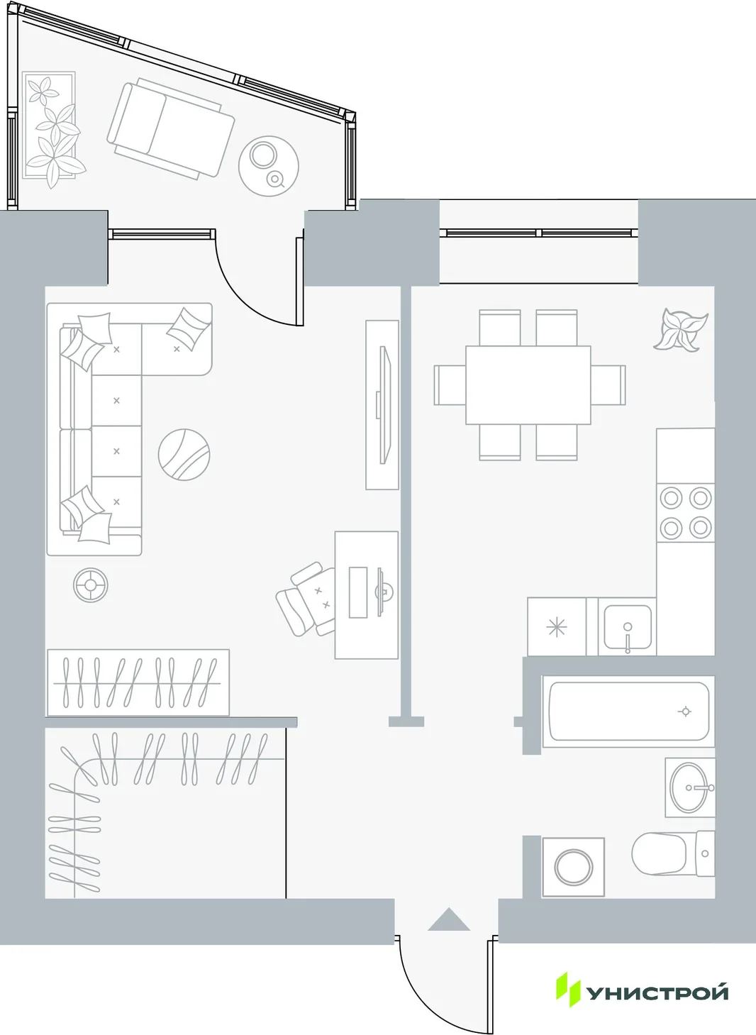 Планировка 1-комн. квартира, 39.42 м² ЖК «Причал»