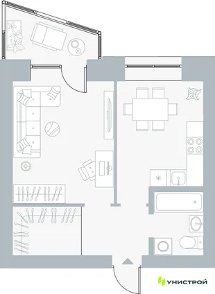 Планировка 1-комн. квартира, 39.42 м² ЖК «Причал»