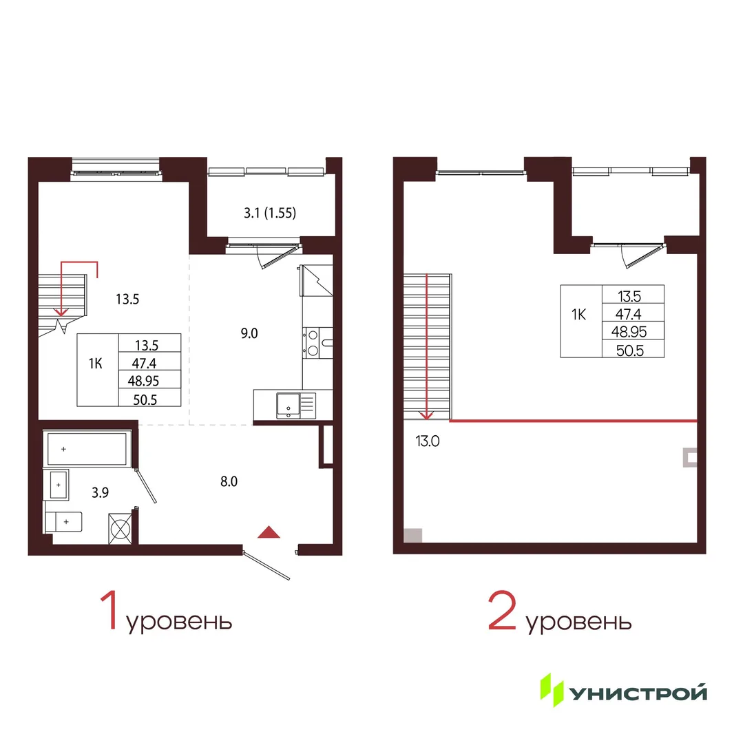 Планировка 1-комн. квартира, 48.95 м² ЖК «Лисино»