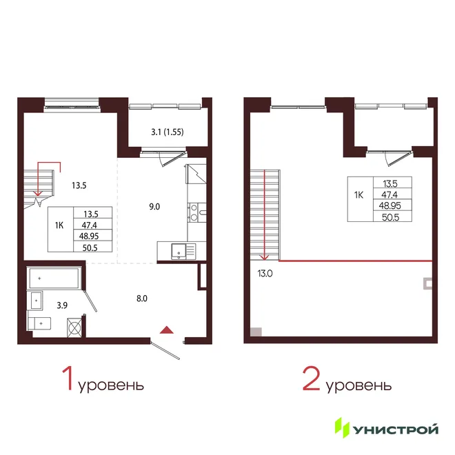 Планировка 1-комн. квартира, 48.95 м² ЖК «Лисино» Планировка 1-комн. квартира, 48.95 м² ЖК «Лисино»